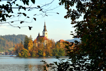 Картинка озеро блед словения города деревья церковь