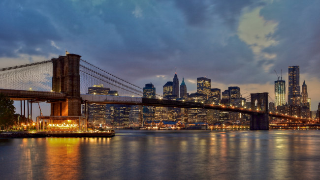 Обои картинки фото города, нью, йорк, сша, бруклин, вечер, здания, мост