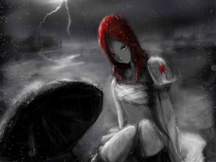 Картинка аниме fairy+tail сказка о хвосте феи fairy tail дождь erza scarlet молния зонт девушка арт