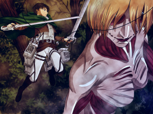 Картинка аниме shingeki+no+kyojin полет оружие клинки лес солдат гигант barby art rivaille парень