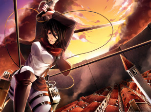 Картинка аниме shingeki+no+kyojin солдат город полет клинки оружие недовольство взгляд mikasa ackerman девушка закат стена