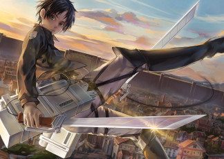 Картинка аниме shingeki+no+kyojin art windyakuma парень eren jaeger взгляд полет клинки солдат город