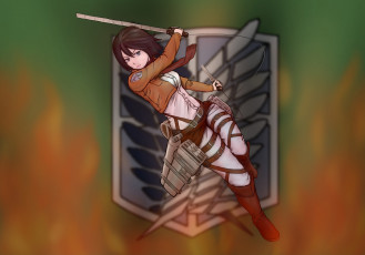 Картинка аниме shingeki+no+kyojin знамя тросы клинки оружие mikasa ackerman жест настрой взгляд девушка