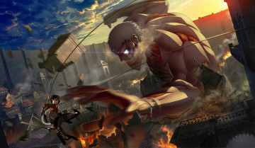 Картинка аниме shingeki+no+kyojin бронированный титан полет солдат клинки приспособления спокойствие mikasa ackerman девушка злость город разрушения art