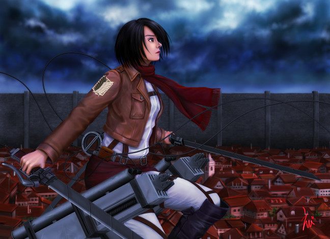 Обои картинки фото аниме, shingeki no kyojin, art, ebi, девушка, mikasa, ackerman, взгляд, клинки, полет, город