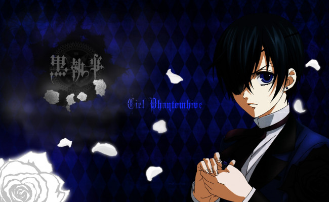 Обои картинки фото аниме, kuroshitsuji, взгляд, лепестки, белая, роза, фантомхайв, сиэль, тёмный, дворецкий
