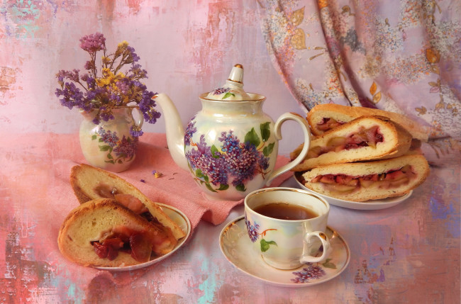 Обои картинки фото еда, натюрморт, чай, яблочный, пирог