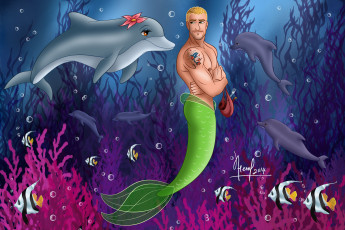 Картинка векторная+графика мультфильмы+ cartoons водоросли дельфины парень кораллы рыбы море русалка