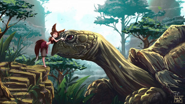 Картинка фэнтези красавицы+и+чудовища дружба черепаха лисичка деревья девушка арт