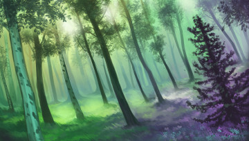 Картинка рисованное природа лес цветы нарисованный пейзаж солнце зелень