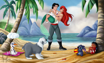 Картинка векторная+графика мультфильмы+ cartoons пальмы море собака принц русалка игрушки