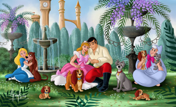 Картинка векторная+графика мультфильмы+ cartoons фонтан собаки девочка принцесса принц
