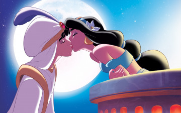 Картинка мультфильмы aladdin фон поцелуй балкон девушка