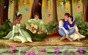 Картинка векторная+графика мультфильмы+ cartoons цветы лес бабочки гитара река мальчики девушки взгляд фон
