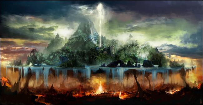 Обои картинки фото фэнтези, пейзажи, тучи, остров, огонь, вода, арт