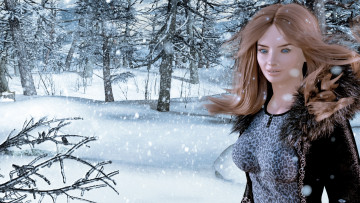 Картинка 3д+графика люди+ people девушка взгляд фон снег лес