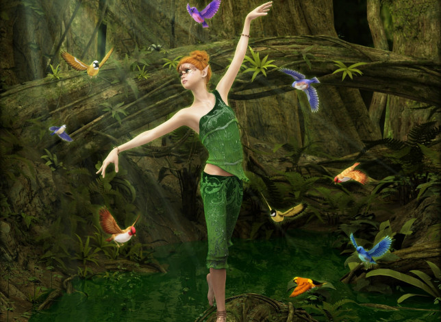 Обои картинки фото 3д графика, эльфы , elves, птицы, эльфийка, фон, девушка, взгляд