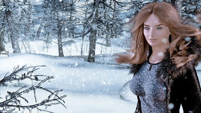 Обои картинки фото 3д графика, люди , people, девушка, взгляд, фон, снег, лес