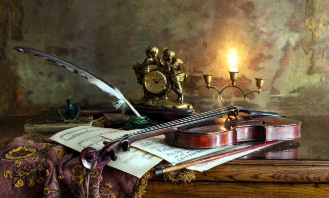 Обои картинки фото музыка, -музыкальные инструменты, часы, скрипка