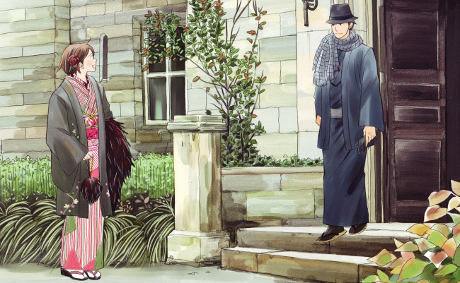 Обои картинки фото аниме, nodame cantabile, девушка, кимоно, пальто, мужчина, шляпа, шарф, дом