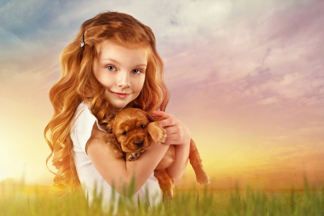 Обои картинки фото разное, дети, девочка, рыжая, щенок, трава