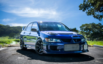 обоя mitsubishi lancer evolution, автомобили, mitsubishi, синий, площадка, роща