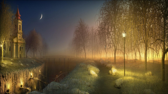 Обои картинки фото фэнтези, иные, миры, времена, деревья, луна, ночь