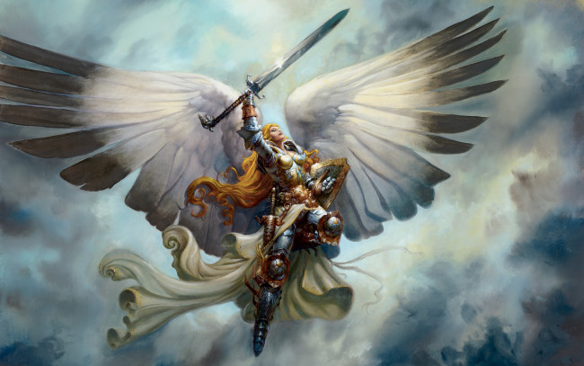 Обои картинки фото фэнтези, ангелы, девушка, воительница, меч