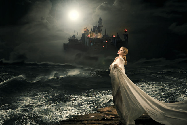 Обои картинки фото фэнтези, девушки, море, замок, буря, шторм