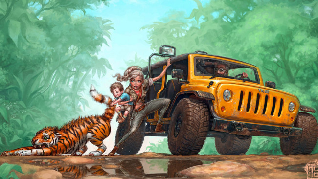 Обои картинки фото рисованные, люди, тигр, авто