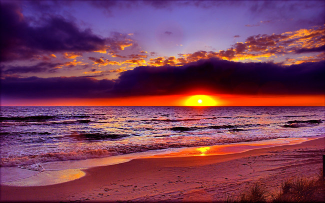 Обои картинки фото природа, восходы, закаты, волны, тучи, закат, океан, пляж