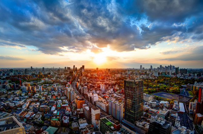 Обои картинки фото tokyo, japan, города, токио, Япония, закат, дорога, здания, панорама