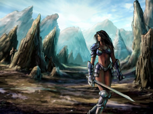 Картинка фэнтези девушки скалы меч доспехи воин девушка