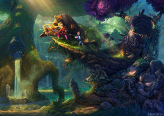 Картинка фэнтези существа тролли дети лес сказочный собака