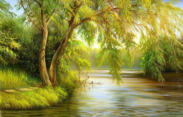 Картинка рисованные природа лето река кусты деревья трава