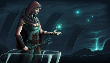 Картинка фэнтези маги +волшебники посох магия накидка дождь девушка