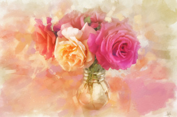 обоя рисованное, цветы, розы, букет