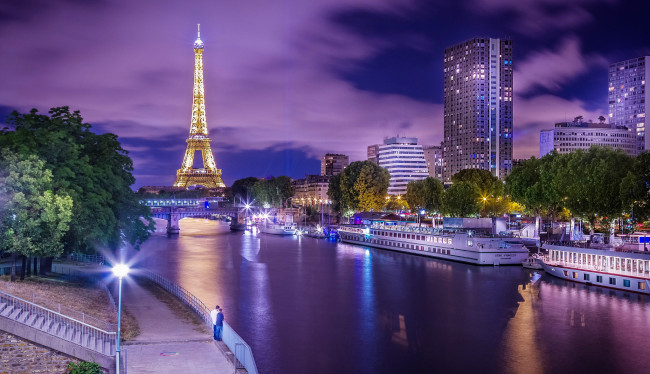 Обои картинки фото города, париж , франция, ночь, река, башня