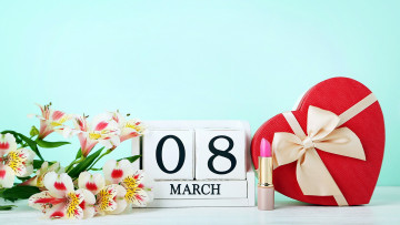 обоя праздничные, международный женский день - 8 марта, дата, помада, конфеты, альстромерия