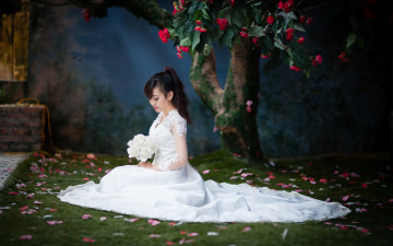 Картинка девушки -+азиатки азиатка невеста дерево камелия букет лепестки