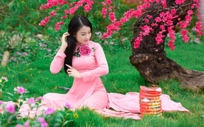 Обои картинки фото девушки, - азиатки, азиатка, луг, трава, дерево, весна