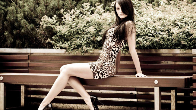Обои картинки фото девушки, - черно-белые, брюнетка, платье, каблуки, кусты, скамейка