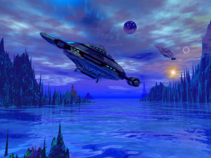 Картинка 3д графика fantasy фантазия море нло скалы