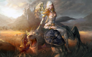 Картинка фэнтези красавицы чудовища девушка ангел волк оборотень замок