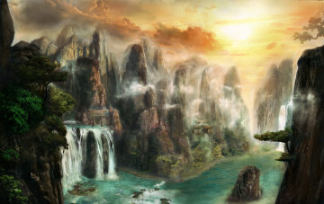 Картинка фэнтези пейзажи река горы водопад