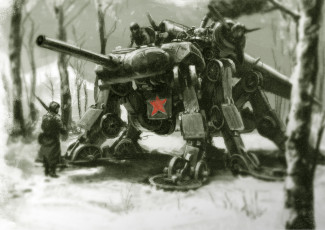 Картинка фэнтези роботы +киборги +механизмы зима робот лес механизм башня солдаты шагаючий