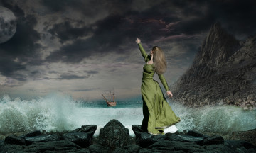 Картинка фэнтези фотоарт девушка море корабль