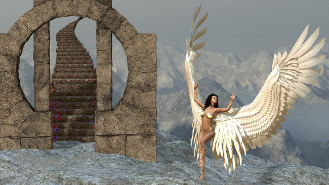 Обои картинки фото 3д графика, angel , ангел, цветы, крылья, лестница, девушка, взгляд