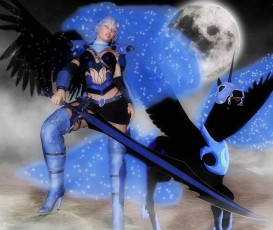 Картинка 3д+графика фантазия+ fantasy оружие девушка взгляд фон луна пегас