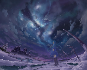 Картинка аниме vocaloid hatsune miku inoki арт столбы провода зима слезы облака небо звезды ночь девушка